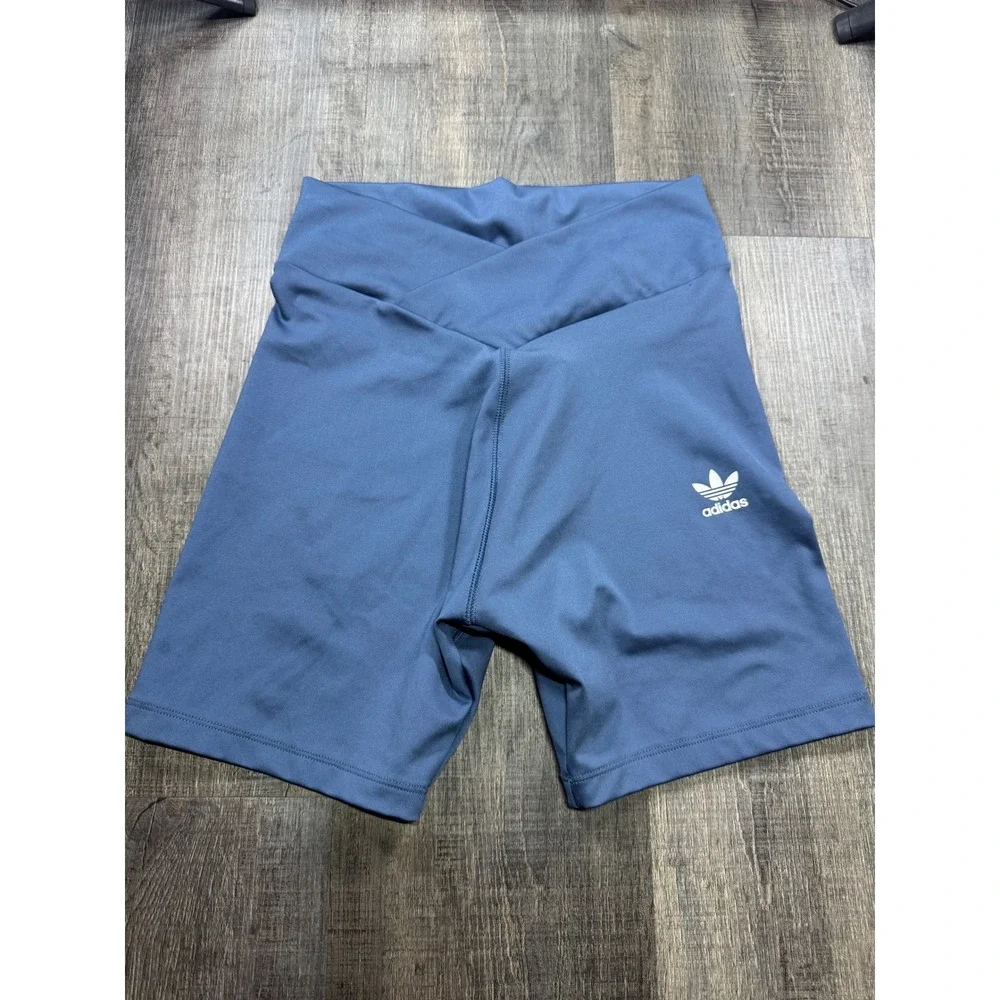 Adidas Originals Womens Crossover Waist Biker Shorts Blue Grey Trefoil Logo S